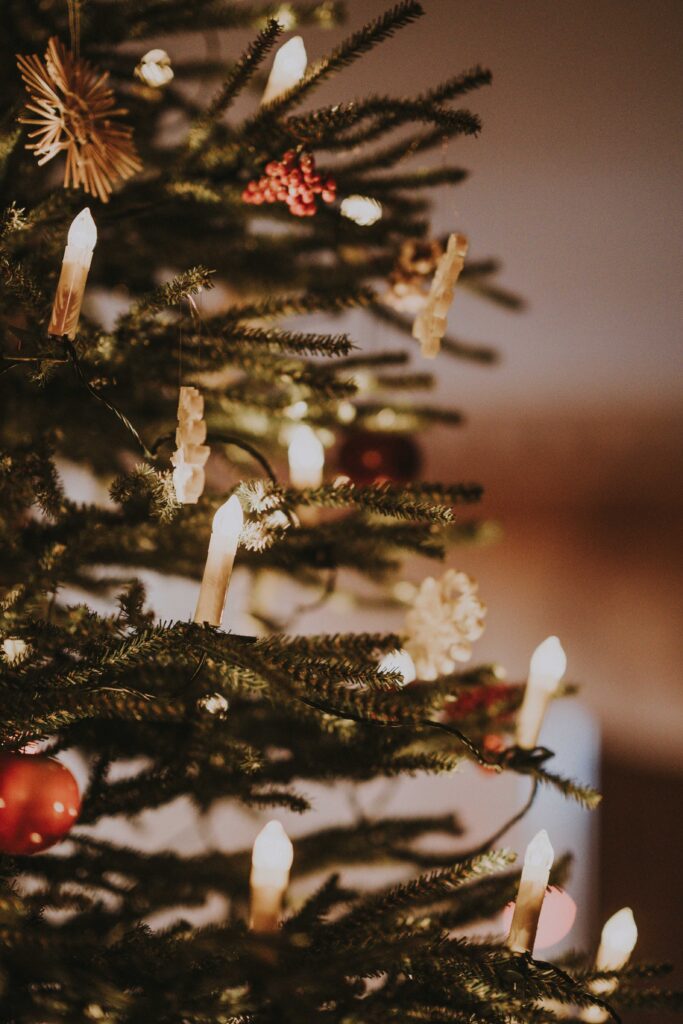 green Christmas tree wit ornaments