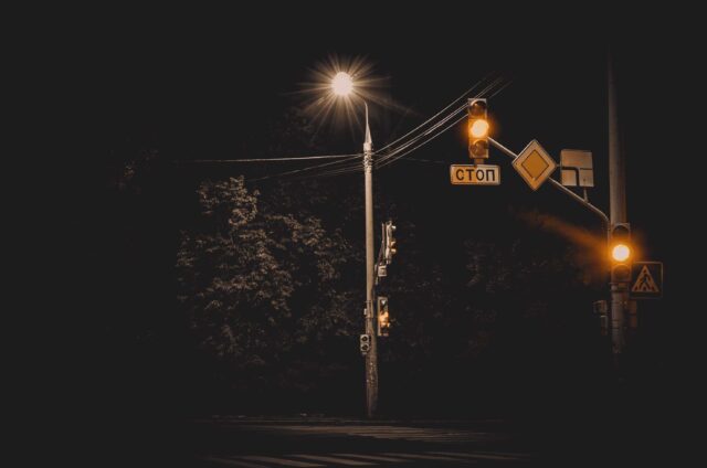 gray street post near green trees during nighttime