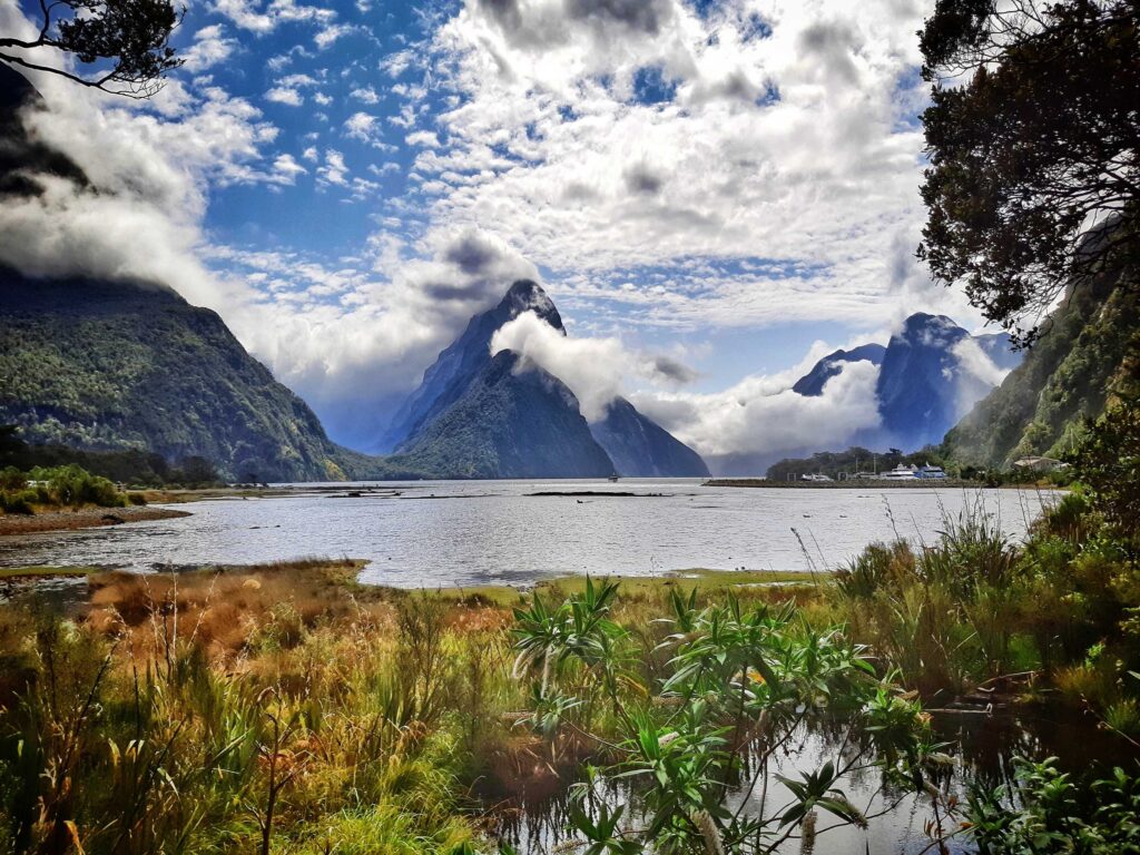 green grass near body of water and mountain under white clouds and blue sky during daytime