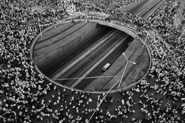 aerial photo of people at street
