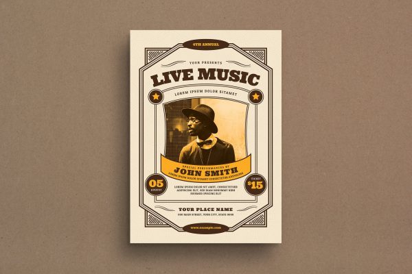 复古风格音乐演出活动海报传单设计模板 Vintage Live Music Event Flyer