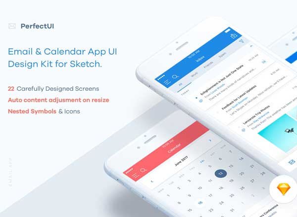 邮件日历行程类 APP UI 套件 Email & Calendar UI/UX Kit (Sketch)