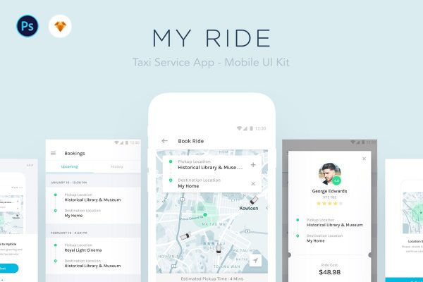 类滴滴出行出租车网约车APP应用UI套件 My Ride – Taxi App Mobile UI Kit