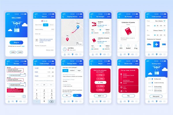 快递物流公司APP用户交互界面设计UI套件 Delivery Mobile App UX and UI Kit