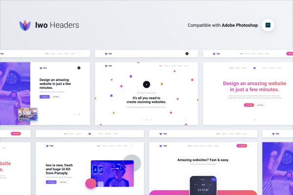 IWO现代创意网站UI设计套件PSD模板 Iwo Web UI Kit – Headers & Covers – PSD Photoshop