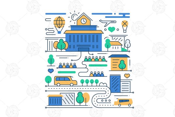 城市生活主题线性设计风格矢量插画v1 City Life – line design composition